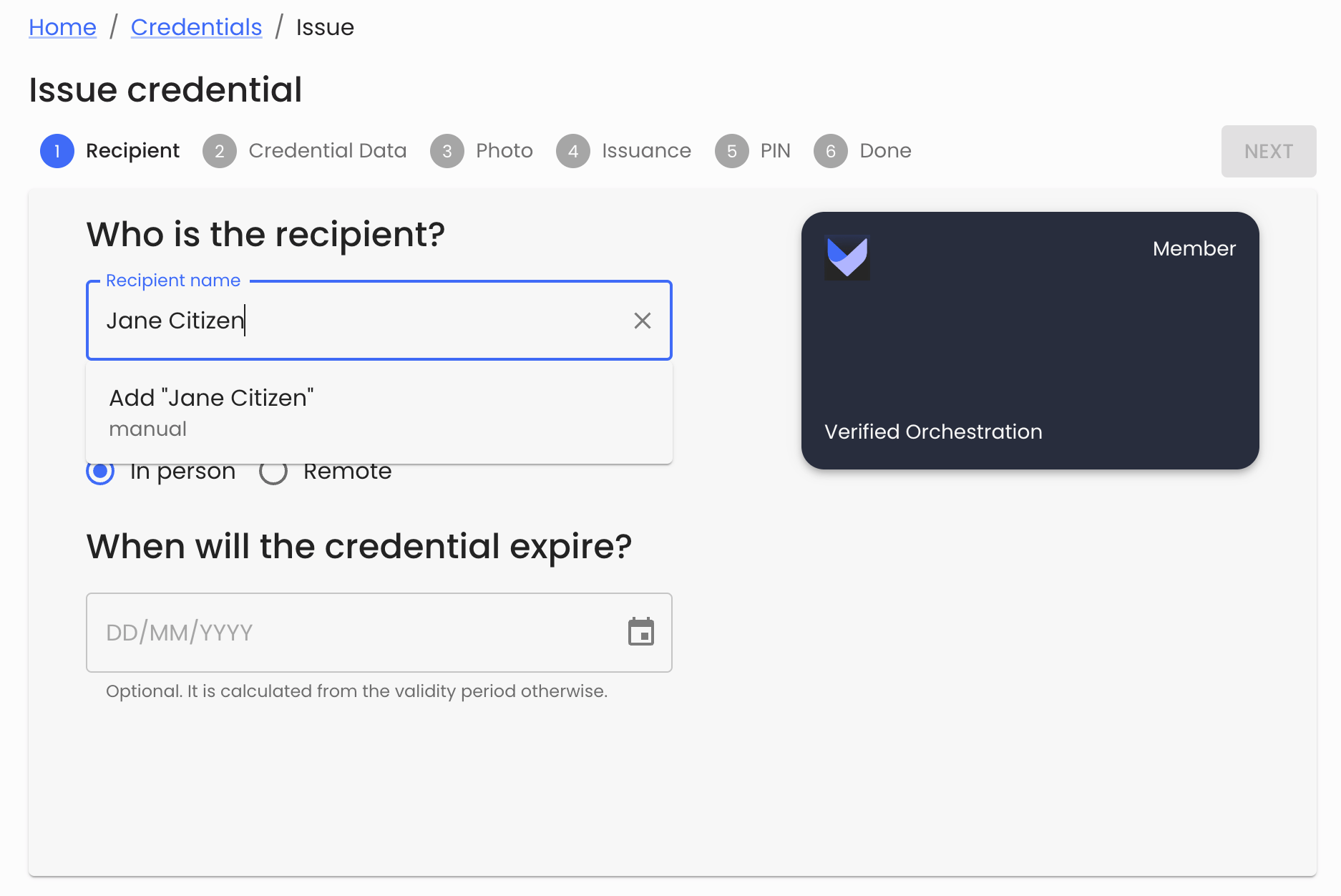 Credential recipient tab