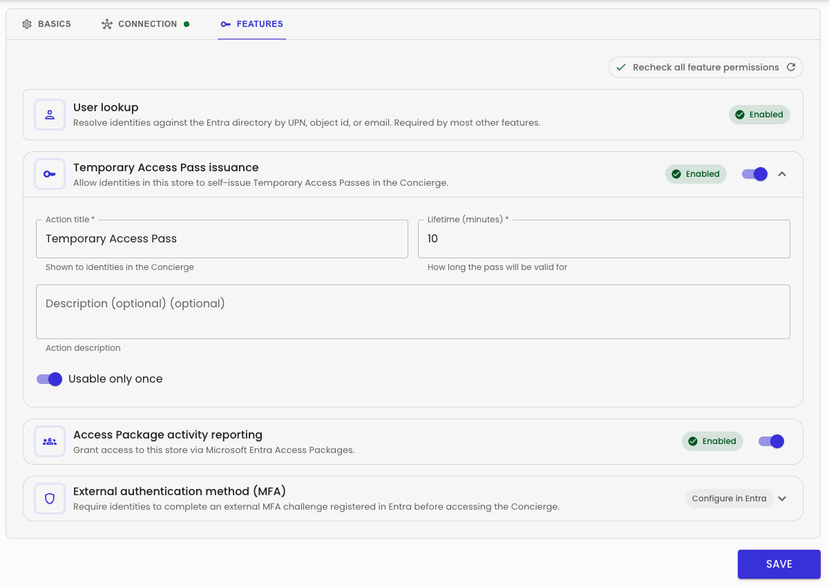 Identity store Edit page, Features tab, with Temporary Access Pass issuance expanded