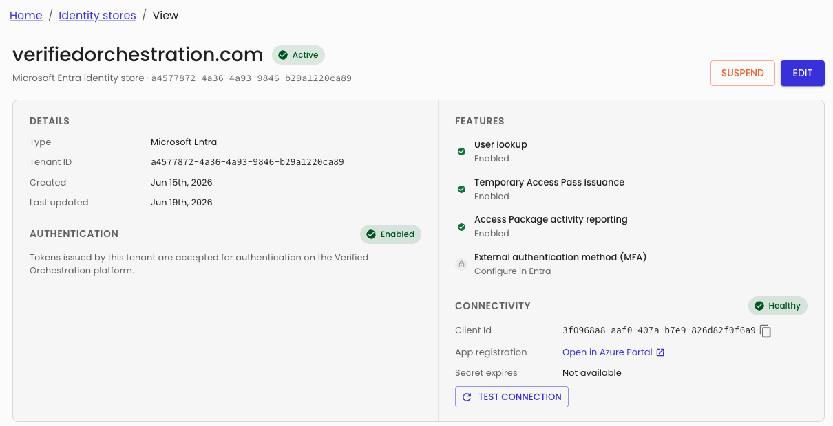 Identity store View page, Features panel