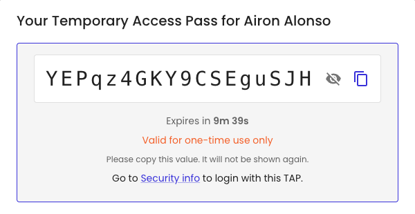Temporary Access Pass issuance dialog